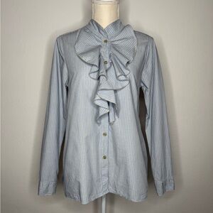 A Shirt Thing Chloe Blue White Pinstripe Ruffle High Neck Button Blouse Size S